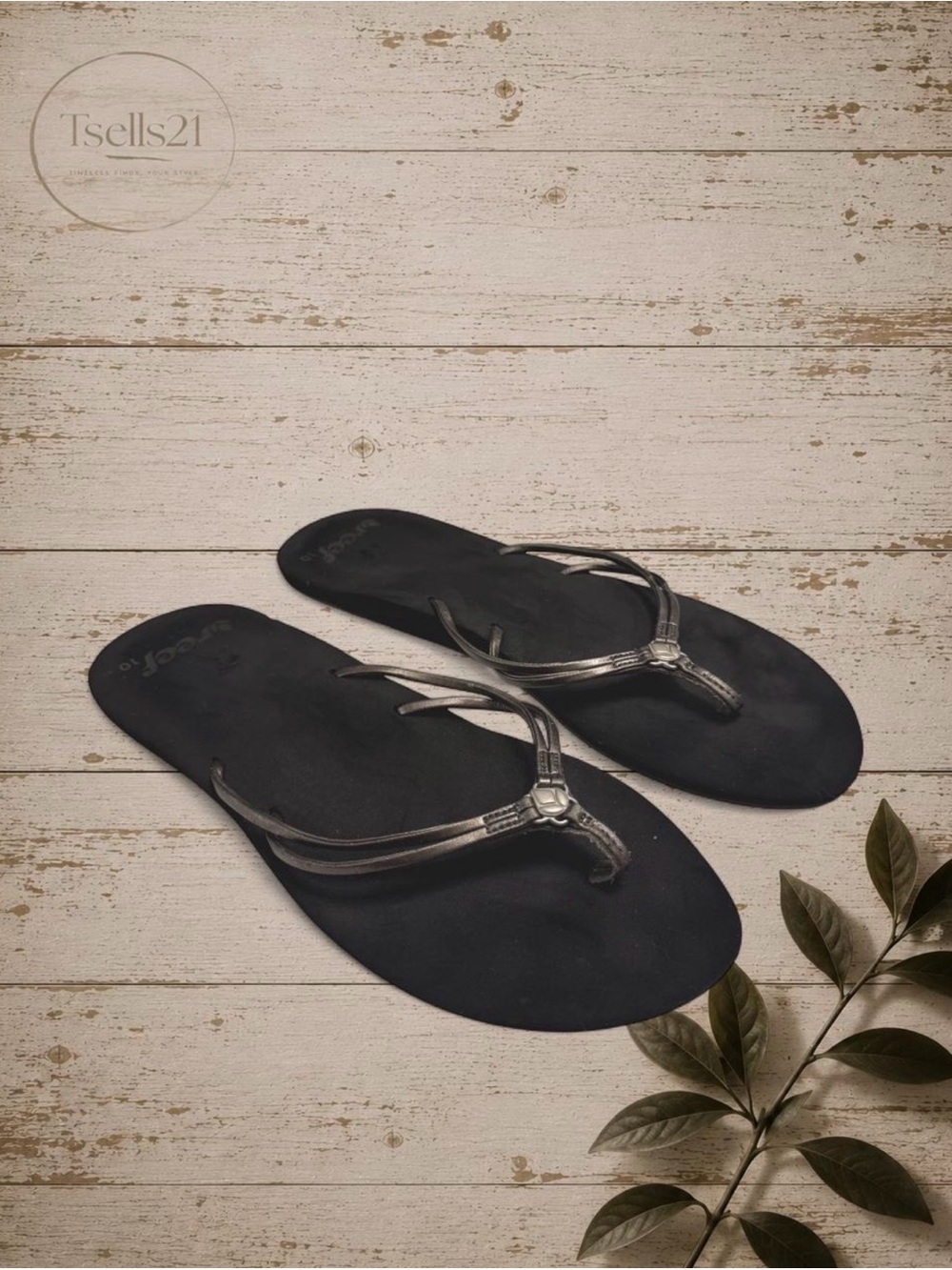 Reef Rexa 2 Black Metallic Strap Flip Flops - Size 10